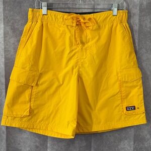 Beacon Point USA Mens M Cargo Swim Trunks Yellow Mesh 6 Pocket Board Shorts